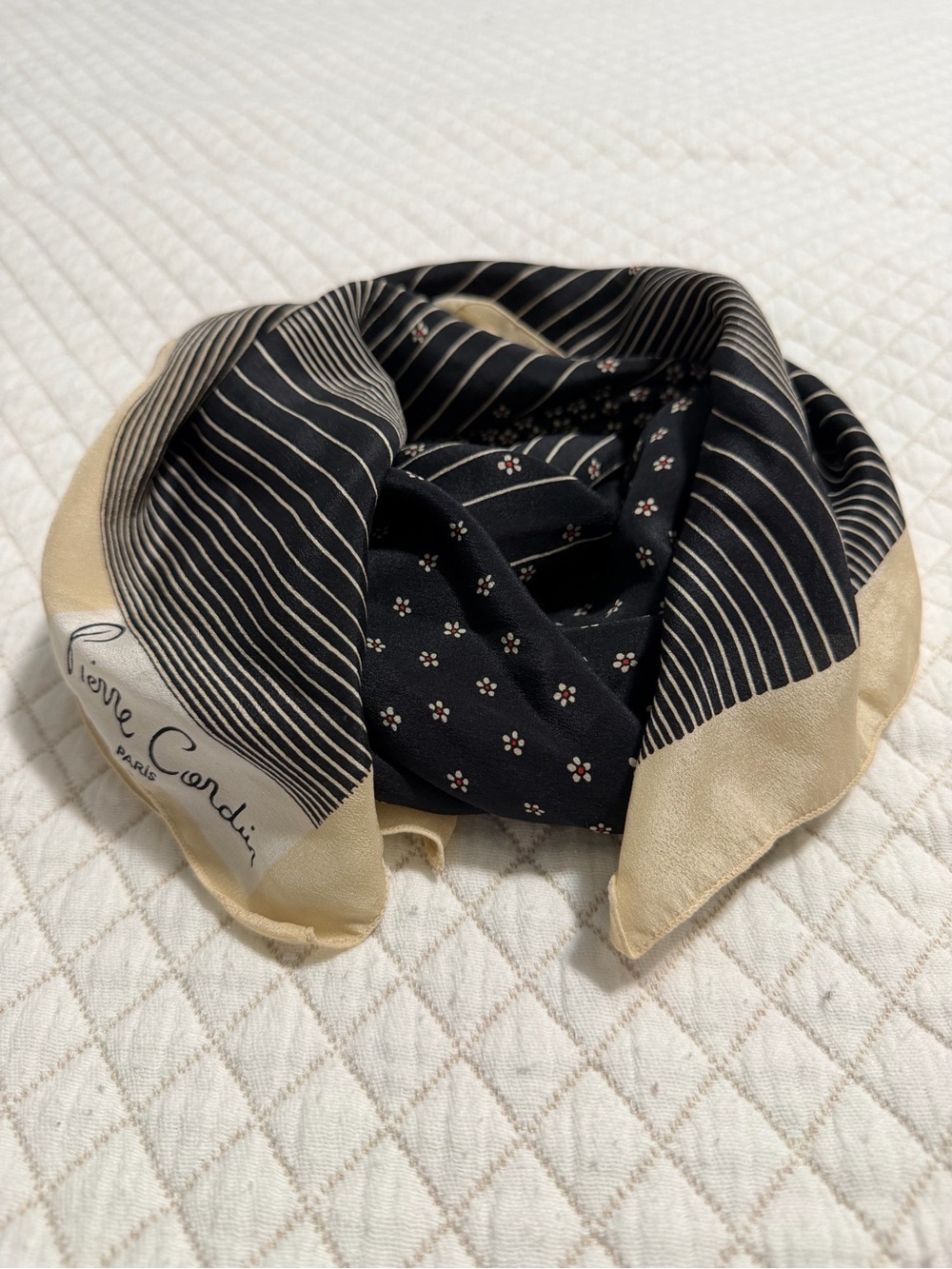 Vintage Pierre Cardin Paris Silk Scarf Black Beige Floral Striped Square 30